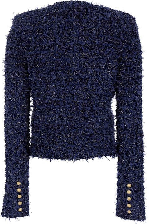 Balmain Coats & Jackets for Women Balmain Blue Collarless Jacket With Gold Buttons In Tweed Woman