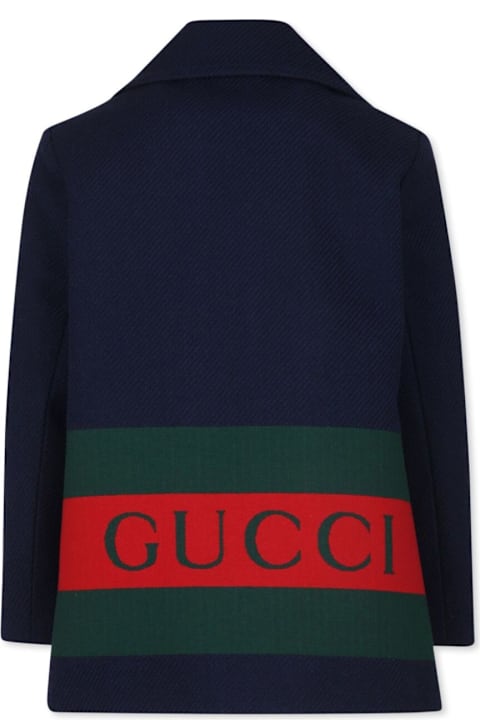 Gucci Topwear for Boys Gucci Blue Double-breasted Coat With Rear Web And Logo Print In Wool Blend Boy