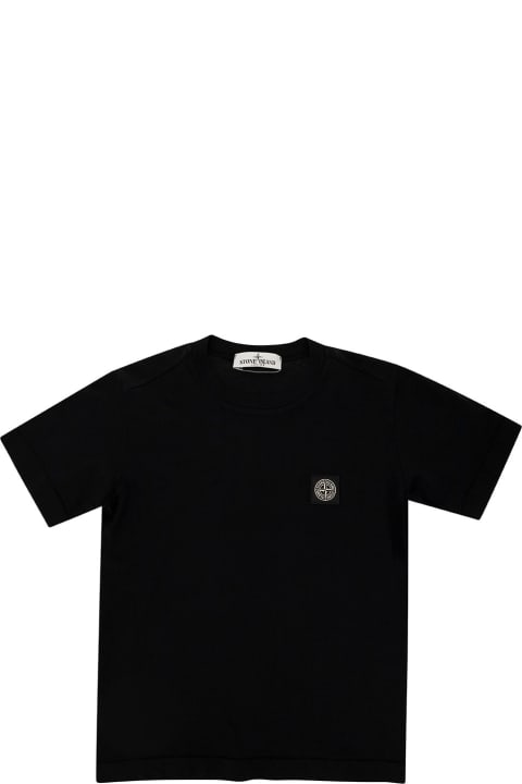 Topwear for Boys Stone Island Black Crewneck T-shirt With Logo Patch In Cotton Boy