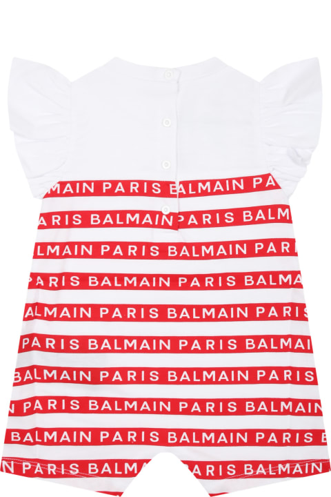 ベビーガールズ ボディスーツ＆セットアップ Balmain White Romper For Baby Girl With Red Stripes And Logo
