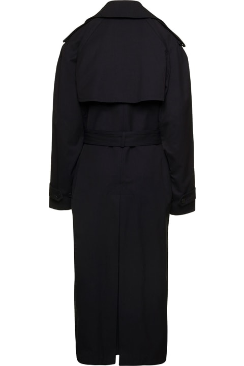 Black Double-breasted Trench Coat With Belt In Wool And Cotton Woman