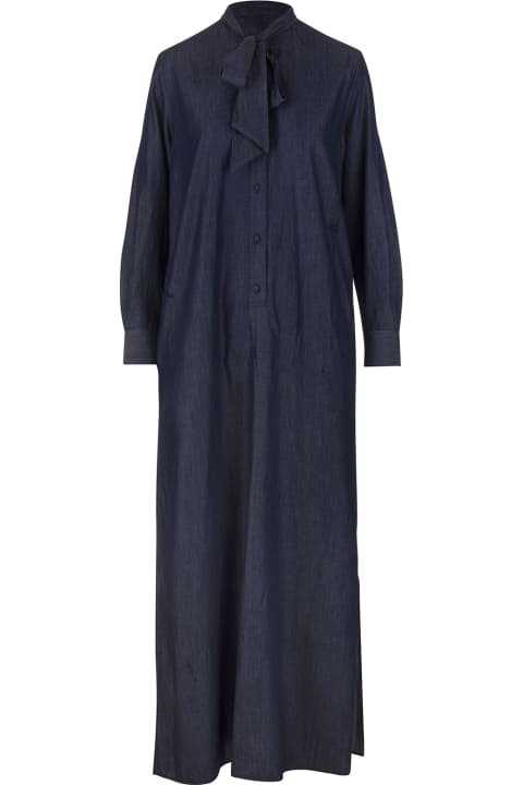 Long Dress In Navy Blue Chambray With Lavalliere Collar