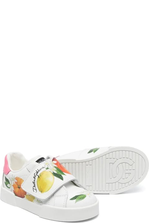 ウィメンズ新着アイテム Dolce & Gabbana Printed White Leather First Steps Portofino Sneakers