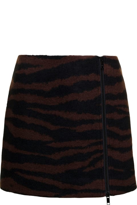 Skirts for Women Ganni Brown And Black Mini-skirt With Zip And Zebra Print In Wool Woman