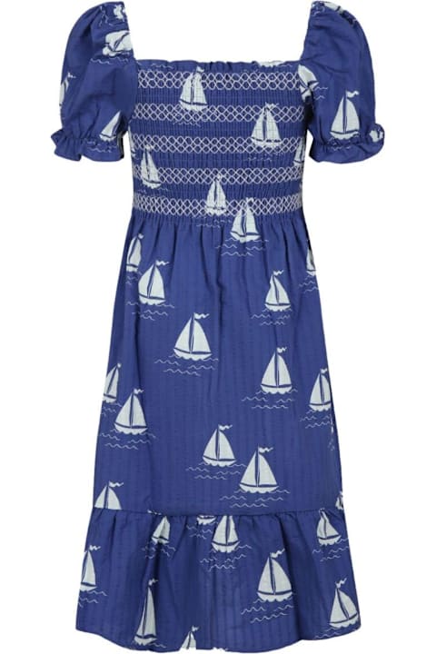Mini Rodini Dresses for Girls Mini Rodini Blue Dress With Square Neckline And All-over Boat Print In Cotton Girl