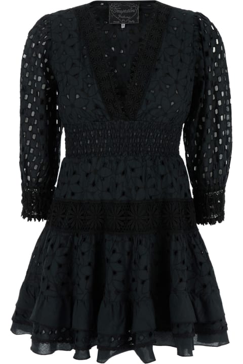 Temptation Positano Clothing for Women Temptation Positano Mini Black Dress With V-neckline And Embroideries In Cotton Lace Woman