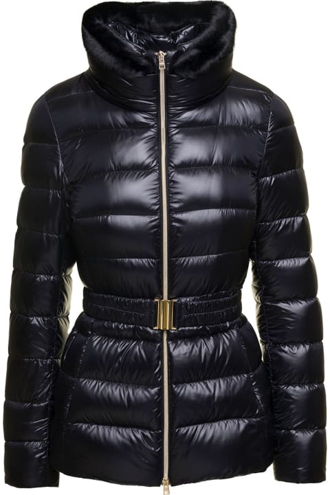 Herno 'claudia' Black Down Jacket With Fur Trim And Belt In
