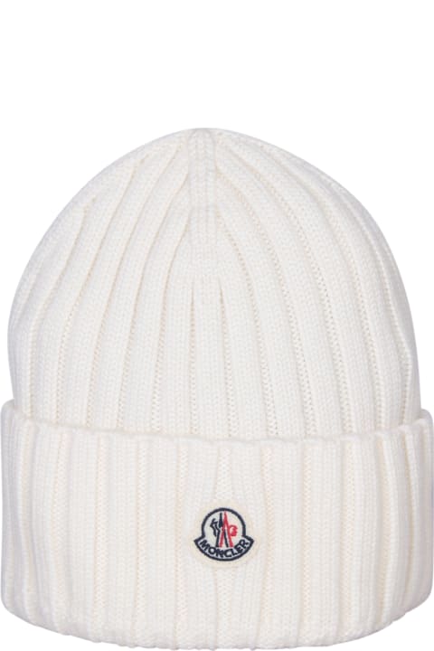 ウィメンズ 帽子 Moncler White Ribbed Wool Beanie With Logo