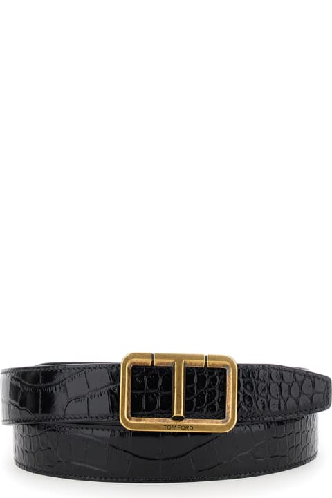 Tom Ford Accessories for Men Tom Ford 'score T' Black Belt With Logo Plate And Croco Effect In Leather Man