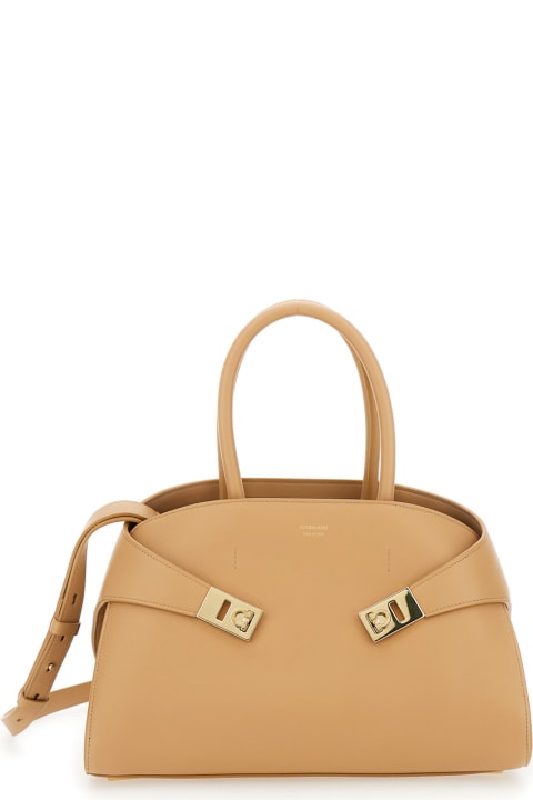 Homeware Ferragamo 'hug Small' Beige Shoulder Bag With Logo And Gancini Buckle In Leather Woman