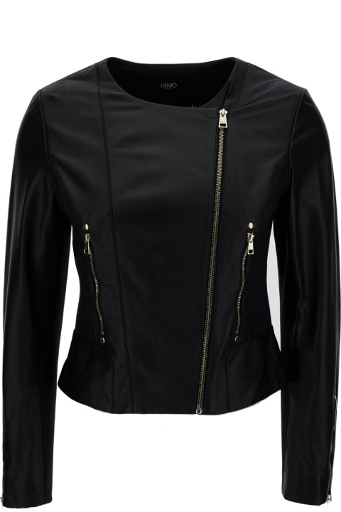 Liu-Jo Coats & Jackets for Women Liu-Jo Black Round Neck Biker Jacket In Leather Woman