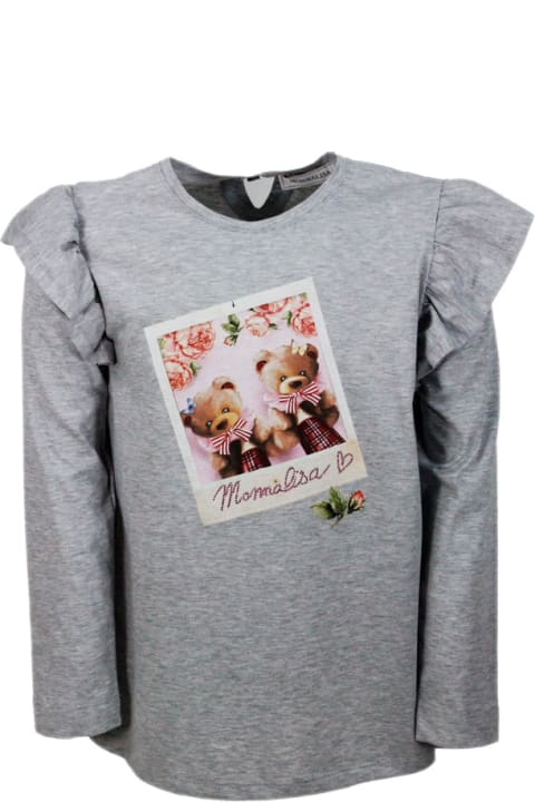 Monnalisa Kids Monnalisa Long-sleeved Round-neck Maxi T-shirt With Teddy Bear Print And Rouches On The Shoulders