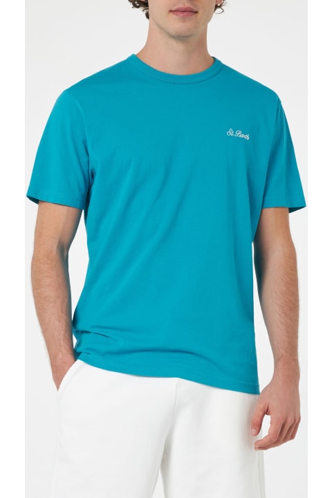 أدوات منزلية MC2 Saint Barth Man Teal Cotton Jersey T-shirt Dover With St. Barth Embroidery
