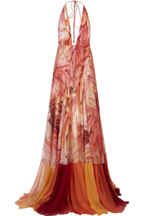 ウィメンズ ジャンプスーツ Roberto Cavalli Long Sleeveless Silk Dress With Orange Plumage Print