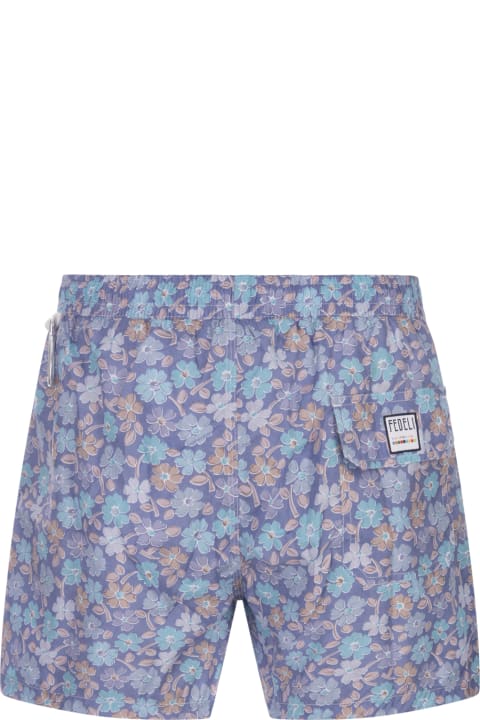 Swimwear for Men Fedeli Blue Swim Shorts With Multicoloured Flower Pattern
