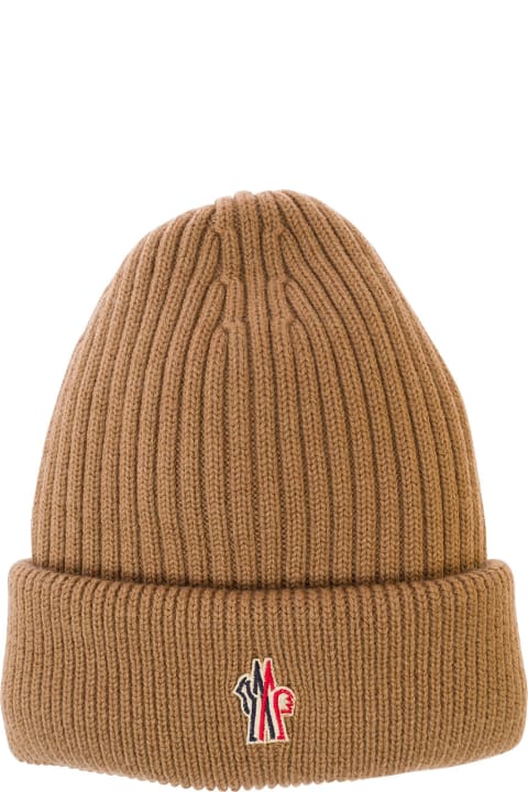 Hats for Men Moncler Grenoble Beige Beanie With Logo Embroidery In Wool Man