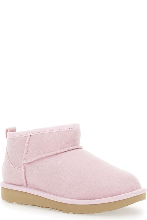 Homeware UGG 'classic Ultra Mini' Pink Ankle Boots With Shearling Lining In Leather Girl