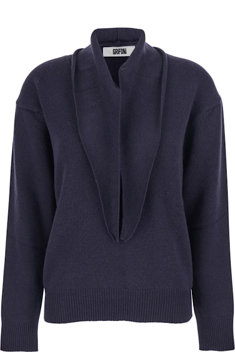Mauro Grifoni for Men Mauro Grifoni Blue Sweater With V Neck And Ribbed Trims In Wool Woman