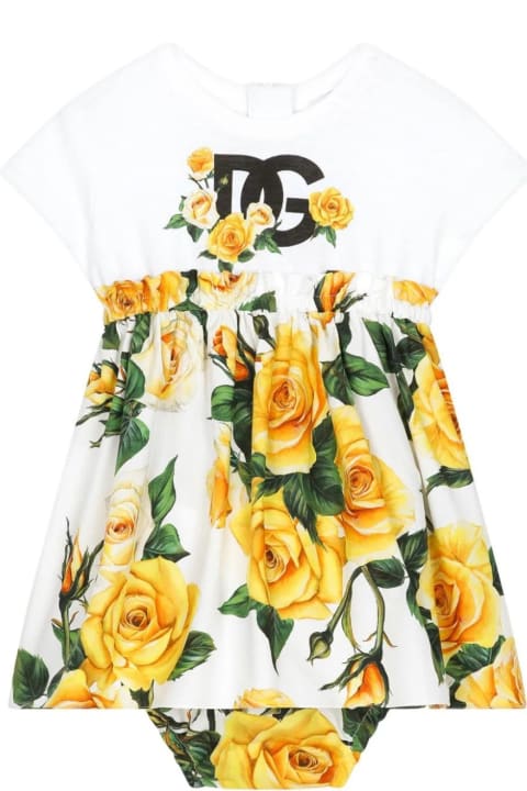 Dolce & Gabbanaのベビーガールズ Dolce & Gabbana Jersey And Poplin Dress With Dg Logo And Yellow Rose Print