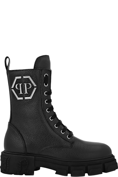 Philipp Plein for Women Philipp Plein Black Embossed Leather Boots Mid Flat