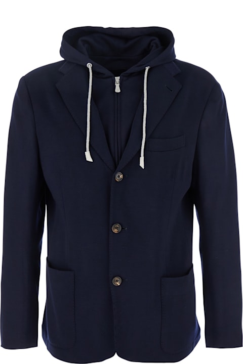 Eleventy for Kids Eleventy Blue Jacket With Hood And Bib In Wool Man