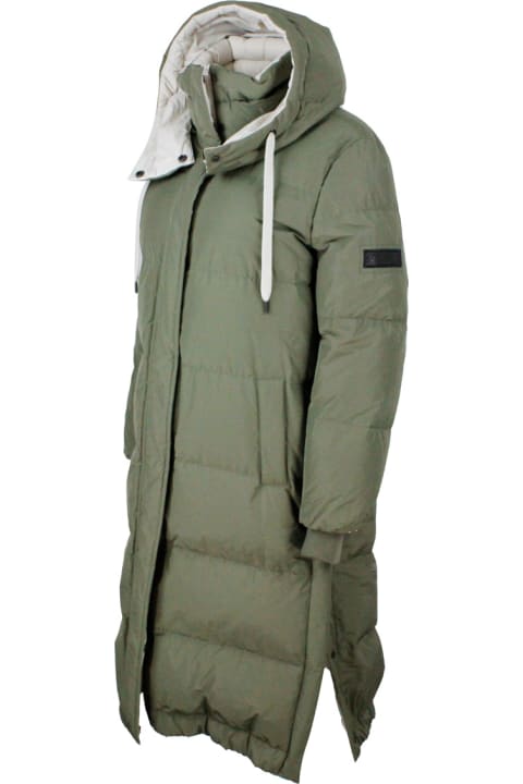 Long Down Jacket In Real Goose Down With Detachable Hood