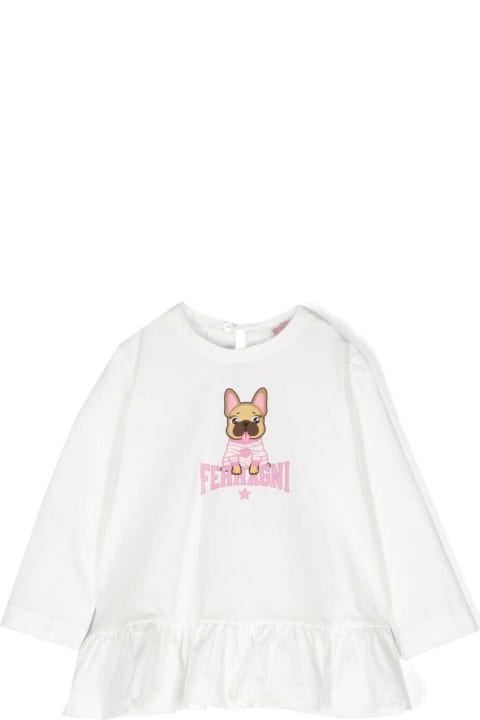 Topwear for Baby Girls Chiara Ferragni Maxi White T-shirt With Pug-dog And Logo Lettering Print In Cotton Woman
