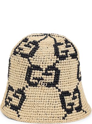 【送料&関税込】Gucci Gg Raffia Hat L NEW $750 GUCCI Natural Raffia Straw Black Embroidered GG