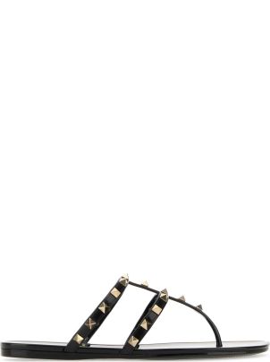 Valentino Garavani Black Leather Rockstud Thong Slippers