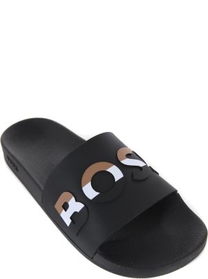 HUGO BOSS｜SLIPPERS (Italian-made slides with large logo BOSS - Italian-made slides with large logo detail - Black