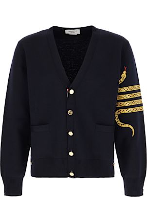 【送料&関税込】Thom Browne Midnight Blue Wool Sweater Thom Browne Midnight Blue Wool Cardigan | italist