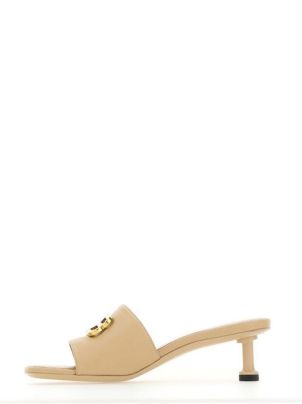 【送料&関税込】Balenciaga Bb Logo Plaque Heeled Mules BB satin mules in brown - Balenciaga | Mytheresa
