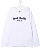 Kids White Hoodie With Black Velvet Logo Balmain Kids White Hoodie With Black Velvet Logo