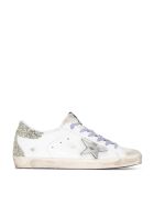Woman White Super-star Sneakers With Lilac Laces, Silver Star And Gold Glittered Spoiler Golden Goose Woman White Super-star Sneakers With Lilac Laces, Silver Star And Gold Glittered Spoiler