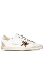 Woman White Super-star Sneakers With Leopard Star And Spoiler In Golden Fabric Golden Goose Woman White Super-star Sneakers With Leopard Star And Spoiler In Golden Fabric