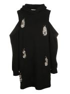 Hammered Pendant Cold Shoulder Hoodie Dress AREA Hammered Pendant Cold Shoulder Hoodie Dress - BLACK