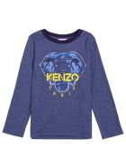 Kenzo Kids Long-sleeved Blue Cotton T-shirt With Logo Print Kenzo Kids Long-sleeved Blue Cotton T-shirt With Logo Print - Blu