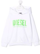 Kids White Hoodie With Fluo Green Oversize Logo Diesel Kids White Hoodie With Fluo Green Oversize Logo