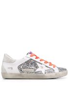 Woman White Leather And Silver Glitter Super-star Sneakers With Fluo Orange Laces Golden Goose Woman White Leather And Silver Glitter Super-star Sneakers With Fluo Orange Laces