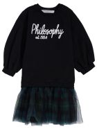 Philosophy di Lorenzo Serafini Kids Black Cotton And Tulle Check Dress With Logo Print Philosophy di Lorenzo Serafini Kids Black Cotton And Tulle Check Dress With Logo Print - Black