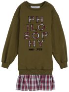Philosophy di Lorenzo Serafini Kids Green Cotton And Tulle Check Dress With Logo Philosophy di Lorenzo Serafini Kids Green Cotton And Tulle Check Dress With Logo - Green
