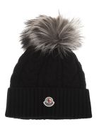Woman Black Braided Beanie With Fox Pompon Moncler Woman Black Braided Beanie With Fox Pompon