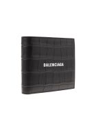 Balenciaga Man Crocodile Embossed Leather Black Folding Wallet With Logo - Black/white