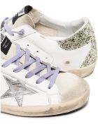 Woman White Super-star Sneakers With Lilac Laces, Silver Star And Gold Glittered Spoiler Golden Goose Woman White Super-star Sneakers With Lilac Laces, Silver Star And Gold Glittered Spoiler