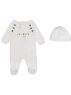 Newborn White Romper With Cap And Golden Logo Balmain Newborn White Romper With Cap And Golden Logo
