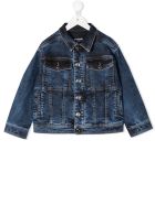 Kids Dark Blue Denim Jacket With Embossed Logo Balmain Kids Dark Blue Denim Jacket With Embossed Logo
