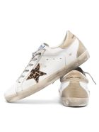 Woman White Super-star Sneakers With Leopard Star And Spoiler In Golden Fabric Golden Goose Woman White Super-star Sneakers With Leopard Star And Spoiler In Golden Fabric