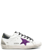 Woman White Super-star Sneakers With Black Spoiler And Purple Glitter Star Golden Goose Woman White Super-star Sneakers With Black Spoiler And Purple Glitter Star