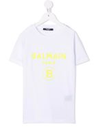 Kids White T-shirt With B Logo In Yellow Velvet Balmain Kids White T-shirt With B Logo In Yellow Velvet