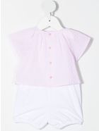 Pink And White Seersucker Romper With Flowers Il Gufo Pink And White Seersucker Romper With Flowers - Rosa